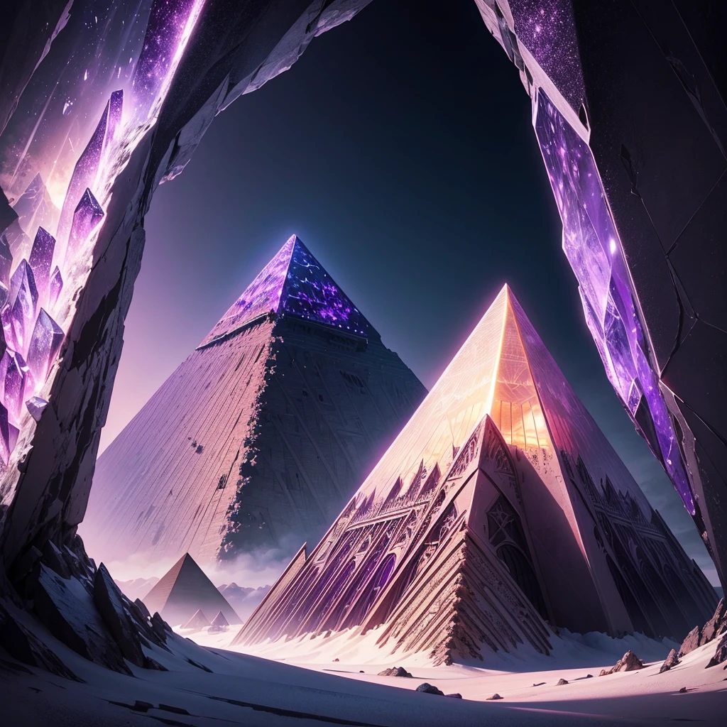 A majestic pyramid made entirely of shimmering purple crystal mineral. The pyramid's facets reflect light in various shades of purple, creating a dazzling and ethereal effect. The crystal structure is intricate and detailed, with sharp edges and a smooth, reflective surface. The background is a dramatic and mysterious landscape, enhancing the otherworldly appearance of the pyramid. The overall scene conveys a sense of grandeur and mystique, with the pyramid standing out as a breathtaking focal point.