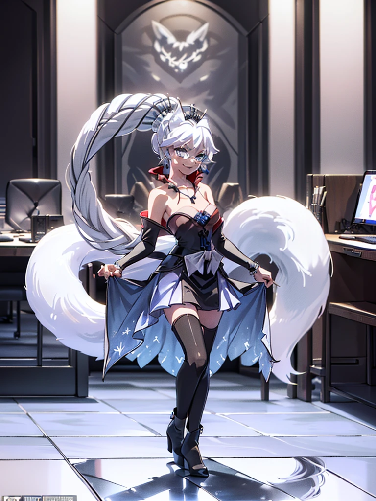 great quality ++ Extremely detailed high resolutionolution, very aesthetic, expressive eyes, (((Perfect face))), (((face symmetrical))), ((good anatomy)), (((perfect hands))), (((8k))), UHD, hd wallpaper, (((detailed high cal, (((((1girl)))))), only, Masterpiece, The best quality, high resolution, Highly detailed, (illustration), Beautiful detailed eyes, ((((full body))), (((solo))), (((((Koyanskaya))))), (((cosplay of Weiss Schnee))), (((smiling))), (((fusion))), (((agglutination))), (((Combination))), (((((White hair))))), (((blue eyes))), (((ponytail))), (((jewelry))), (((necklace))), (((earrings))), only, jaeces, earrings, long hair, parody, (((scar))), (((scar ocular))), (((hair ornament))), (((office background))), Side ponytail, scar en la cara, Upper part of the body, (((fox tail))), (((fox ears))), (((tiara))), (((jewelry))), (((earrings))), (((neckline trimming))),