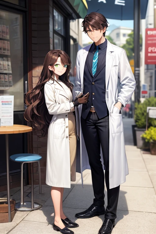 ((best quality)), ((masterpiece)), (detailed), a couple, a boy and a girl, 1 boy, full body, 19 years old, brown hair with white tips, long hair, bangs, green eyes, mischievous smile, tall and thin, thin, long beige trench coat, open trench coat, black fingerless gloves, white wristbands, white t-shirt with blue I-shaped emblem, letter I, black pants, 1 girl, full body, 20 years old, young adult, somewhat short, purple eyes, brown hair, somewhat wavy hair, long hair, lock of hair on forehead, smiling with eyes closed, blushing, scientist's lab coat, facing each other, sitting in a cafe outside, city background, anime