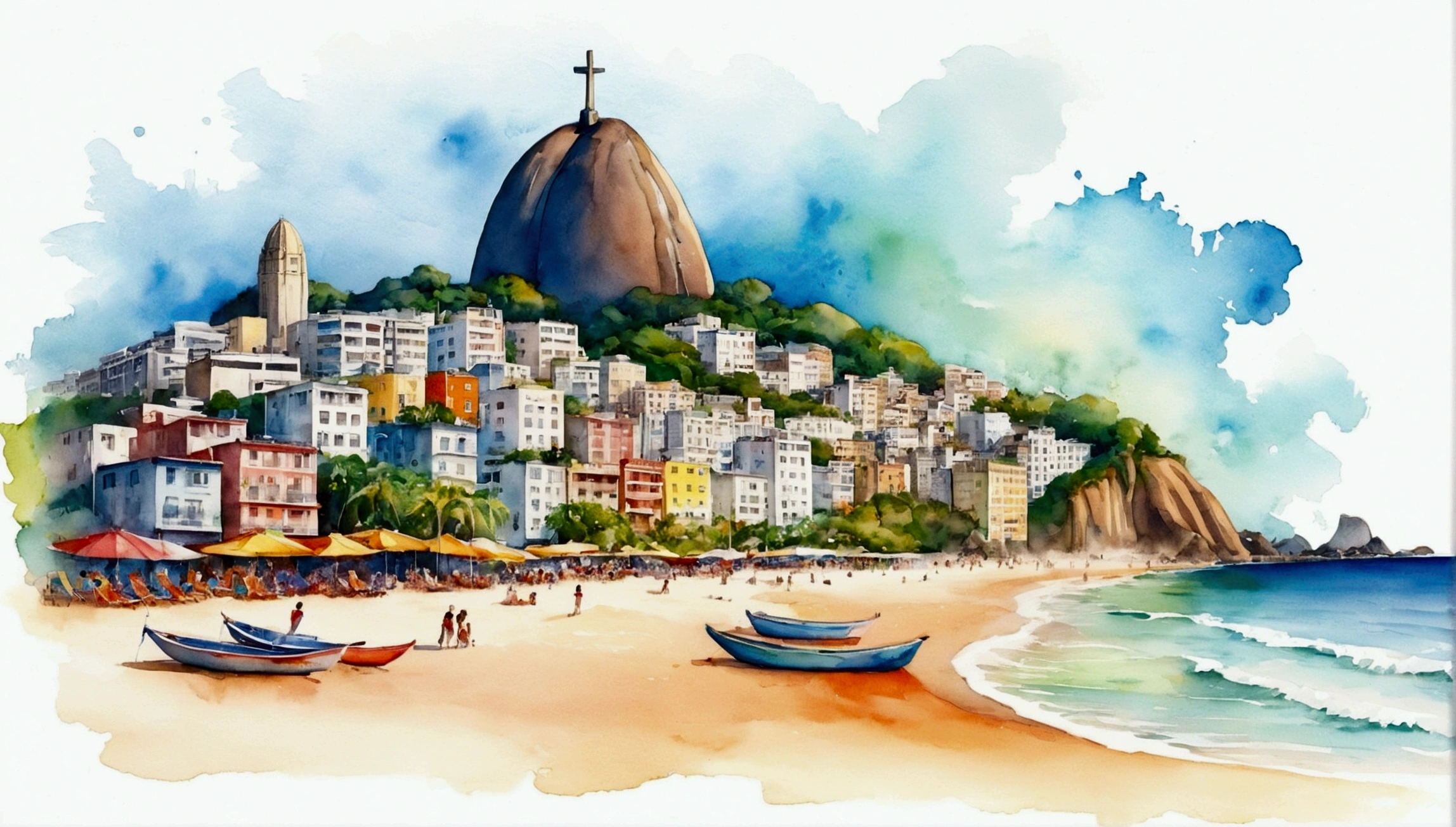 softfocus, Bright gradient watercolor, dreamy, White background, Kizi, cafés, Copacabana beach, Sugar Loaf, corcovado, Favela on the Hill.