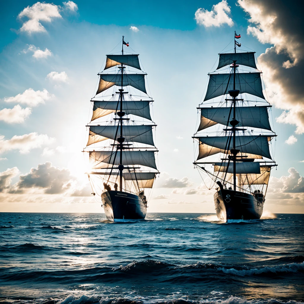 Sea, Ship, pirate, Bright atmosphere 