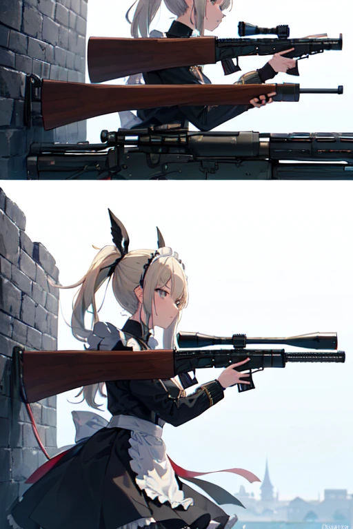 ((Highest quality:1.6)), ((detailed:1.4)), (Ultra-high resolution:1.6)(detailed:1.6), (Perfect Face:1.4), (detailedなイラスト:1.6), (Ultra-high resolution:1.6), girl, A very concentrated face, cute, Blonde, Small breasts, (Black and white maid outfit, Blue ribbon, White apron, Gothic maid outfit, Long), (Above the Battlements, On the wall, Defend the castle, Castle), (Sniperrifleで狙撃:1.6), Sniper, Sniper, Sniperrifleを構えてる, rifle, gun, ロングrifle, (Castle Defense, gun撃戦, Looking through the scope, Aim at the enemy, Sniper from the top of the castle, Eyes are enemies, Side angle:1.4), (両手でSniperrifleを構える:1.4)