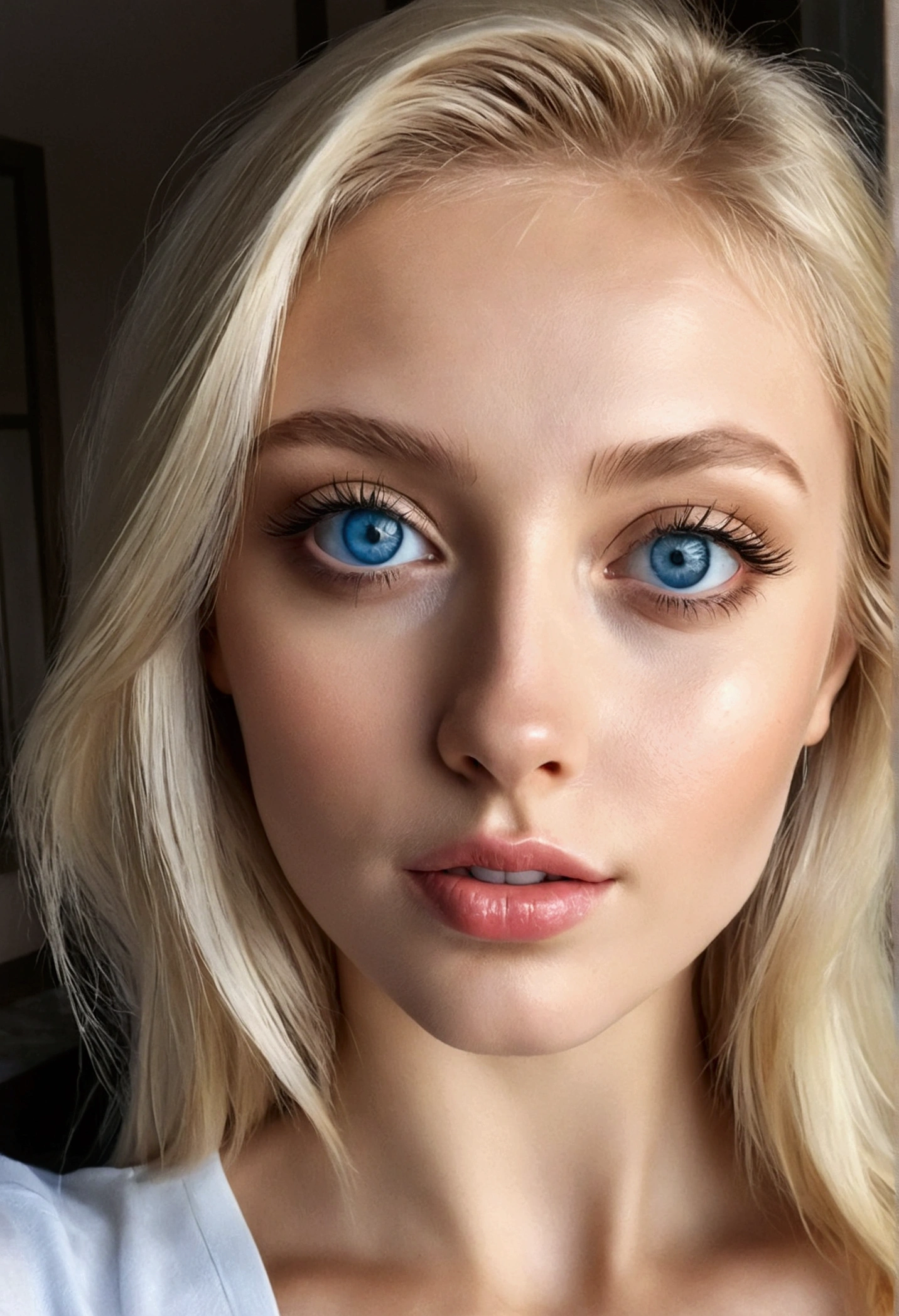 Young beautiful beautiful blonde hyper-realistic blue eyes taking selfie