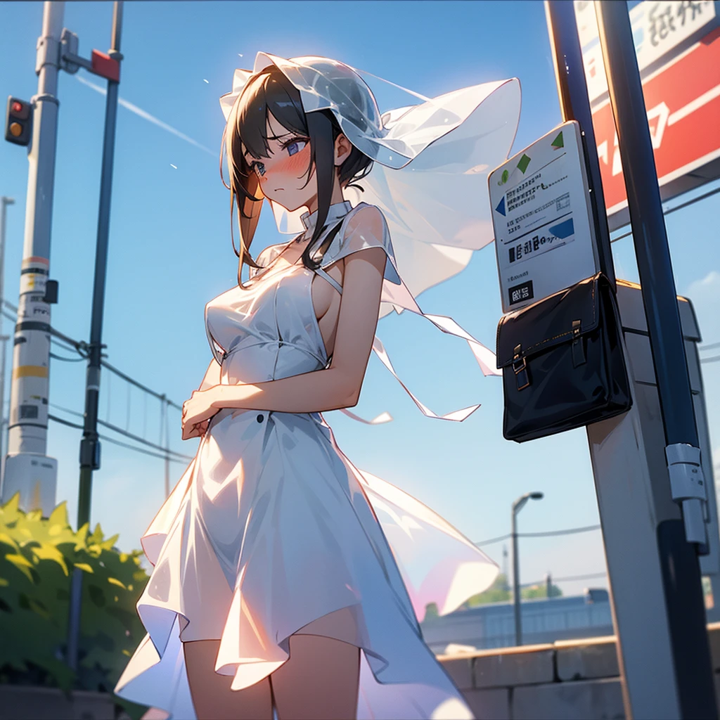 A girl waiting for the bus stop in a transparent dress with big tits and blushing