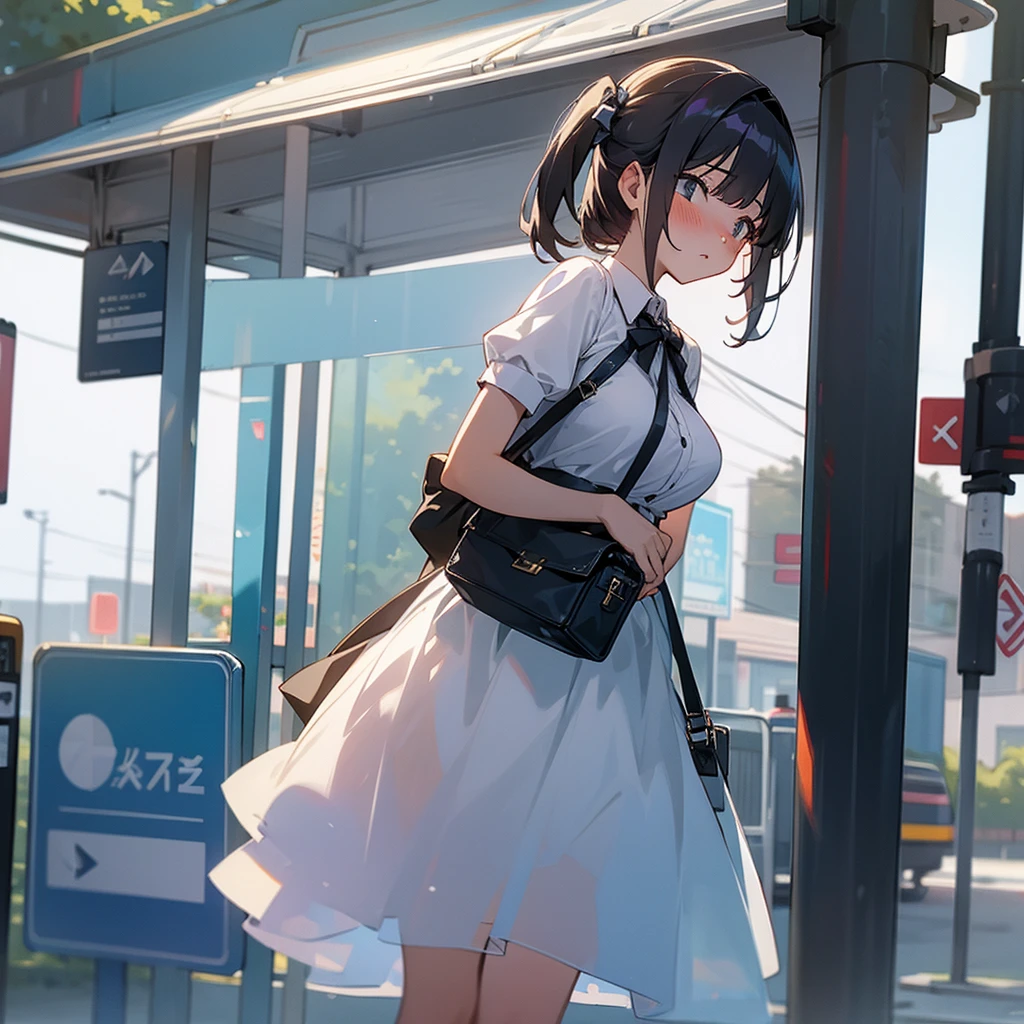 A girl waiting for the bus stop in a transparent dress with big tits and blushing