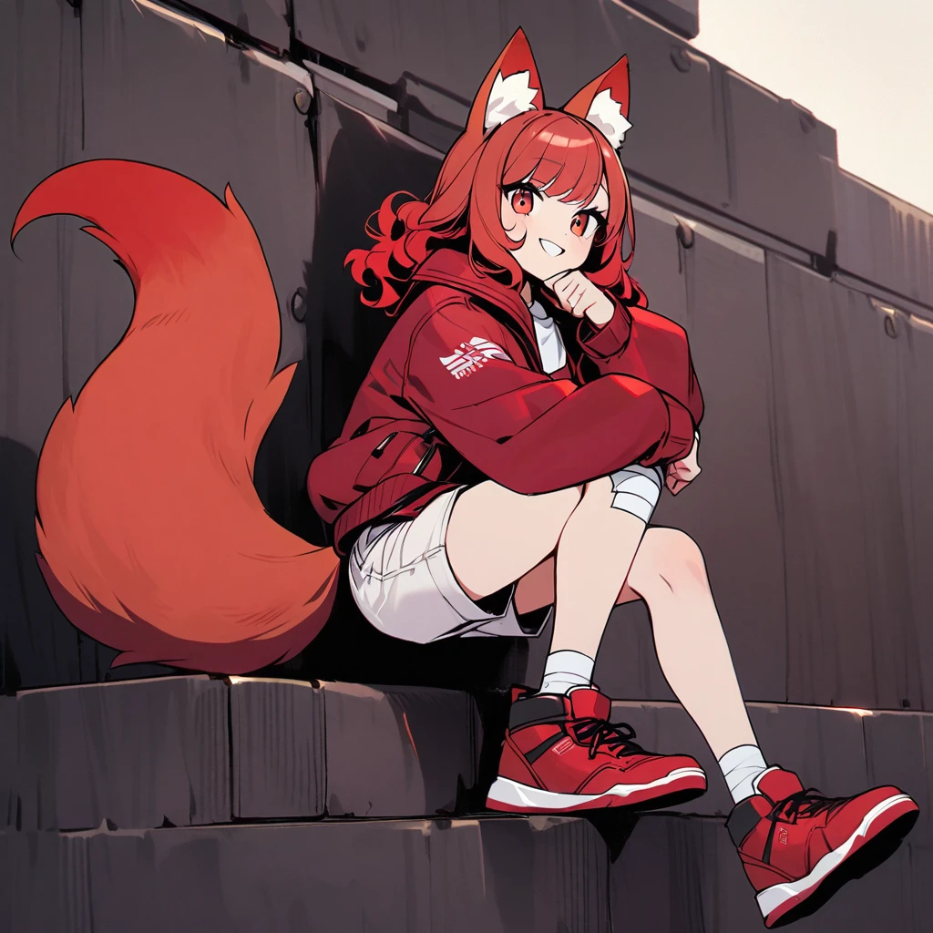 (well done:1) woman, short red, slightly wavy hair, red fox ears and tail, bulky red winter jacket with black details, white shirt, white shorts, bandage on the knee, red sneakers.