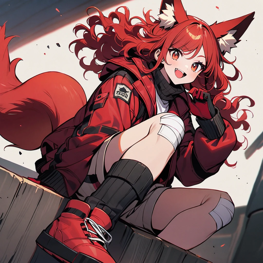 (well done:1) woman, short red, slightly wavy hair, red fox ears and tail, bulky red winter jacket with black details, white shirt, white shorts, bandage on the knee, red sneakers.