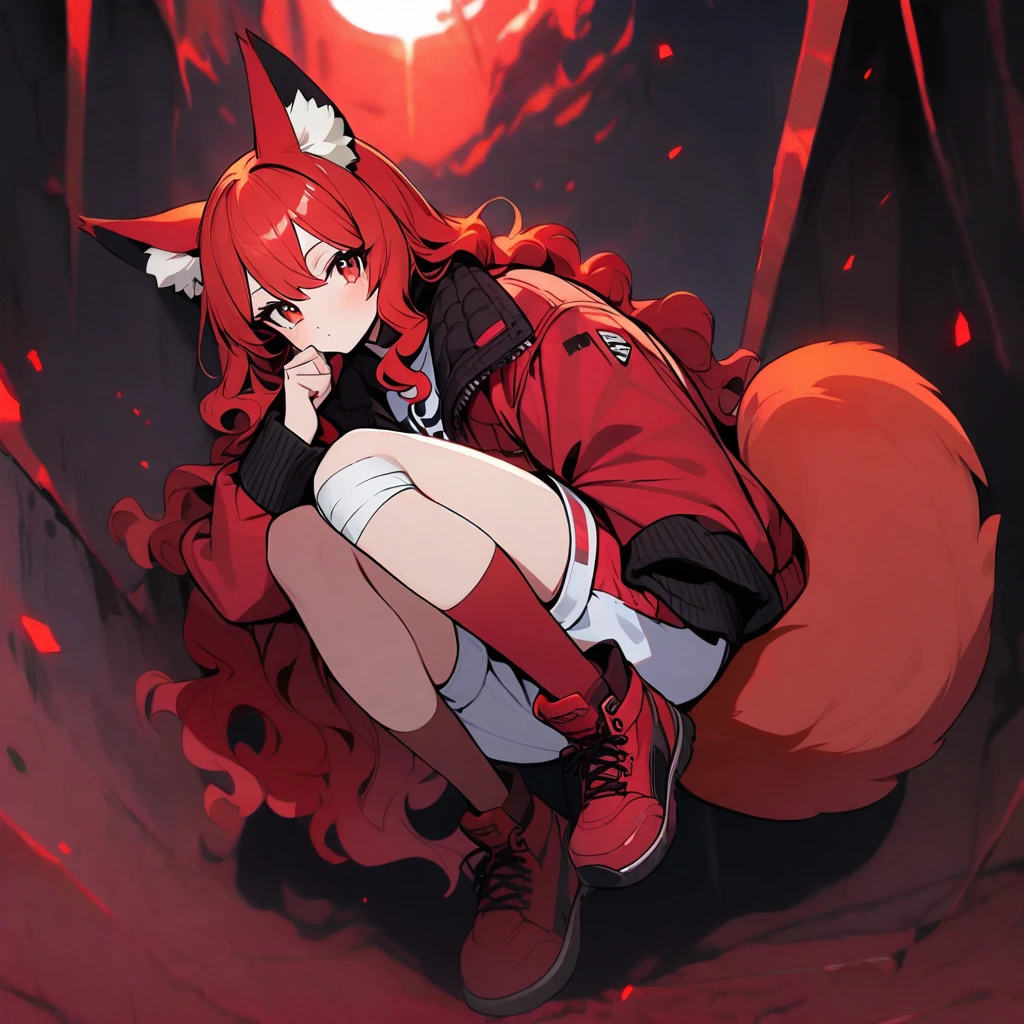(well done:1) woman, short red, slightly wavy hair, red fox ears and tail, bulky red winter jacket with black details, white shirt, white shorts, bandage on the knee, red sneakers.