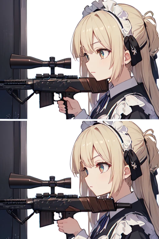 ((Highest quality:1.6)), ((detailed:1.4)), (Ultra-high resolution:1.6)(detailed:1.6), (Perfect Face:1.4), (detailedなイラスト:1.6), (Ultra-high resolution:1.6), girl, A very concentrated face, cute, Blonde, Small breasts, (Black and white maid outfit, Blue ribbon, White apron, Gothic maid outfit, Long), (Above the Battlements, On the wall, Defend the castle, Castle), (Sniperrifleで狙撃:1.6), Sniper, Sniper, Sniperrifleを構えてる, rifle, gun, ロングrifle, (Castle Defense, gun撃戦, Looking through the scope, Aim at the enemy, Sniper from the top of the castle, Eyes are enemies, Side angle:1.4), (両手でSniperrifleを構える:1.4)