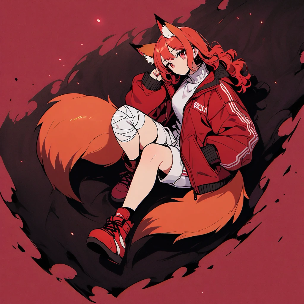 (well done:1) woman, short red, slightly wavy hair, red fox ears and tail, bulky red winter jacket with black details, white shirt, white shorts, bandage on the knee, red sneakers.
