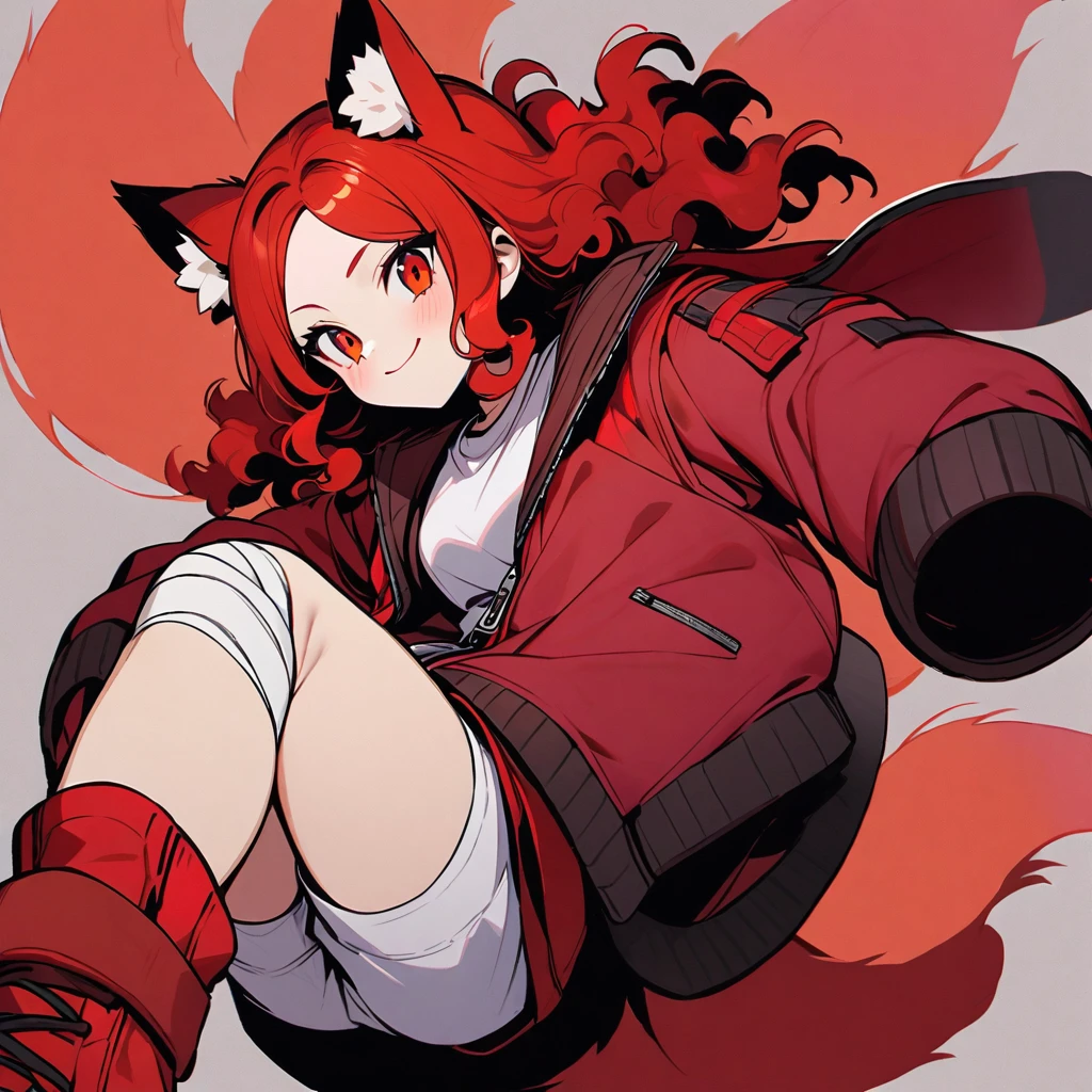 (well done:1) woman, short red, slightly wavy hair, red fox ears and tail, bulky red winter jacket with black details, white shirt, white shorts, bandage on the knee, red sneakers.