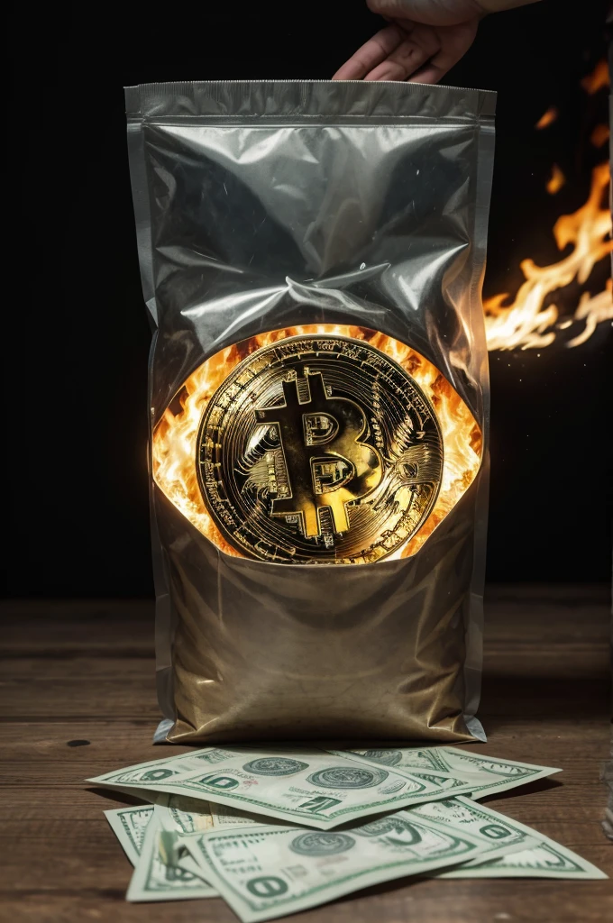 large bag of dollar bills burning and one bitcoin in front , 16k , realistic