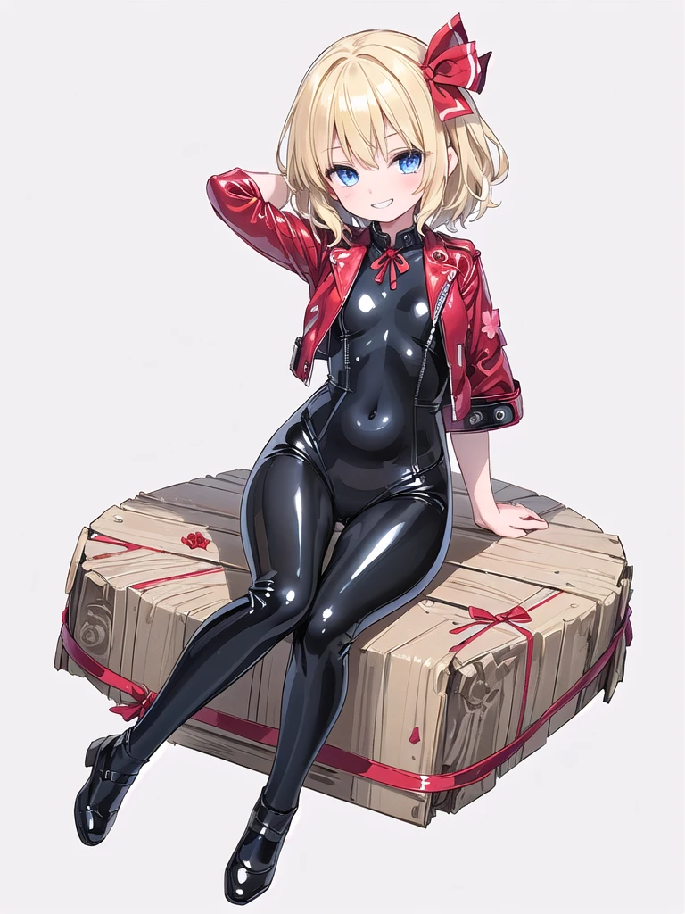 (((high quality))),(((masterpiece))),(((highly detailed))),((illustration style)),(((one girl))),(((medicine melancholy))), (touhou),(((blue eyes))), (((wavy hair, short hair, blonde hair,red ribbon))),(((black leather jacket))),(((Flower pattern red full bodysuit))),((latex)), (shiny clothes:1.2),(((grin))),(((full body))),(((arm behind head))),(((model posing))),((((simple white background))),(((Diagonal angle)))