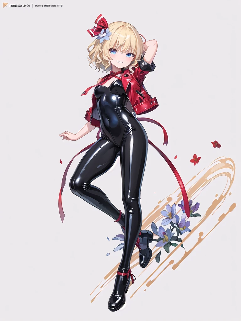 (((high quality))),(((masterpiece))),(((highly detailed))),((illustration style)),(((one girl))),(((medicine melancholy))), (touhou),(((blue eyes))), (((wavy hair, short hair, blonde hair,red ribbon))),(((black leather jacket))),(((Flower pattern red full bodysuit))),((latex)), (shiny clothes:1.2),(((grin))),(((full body))),(((arm behind head))),(((model posing))),((((simple white background))),(((Diagonal angle)))