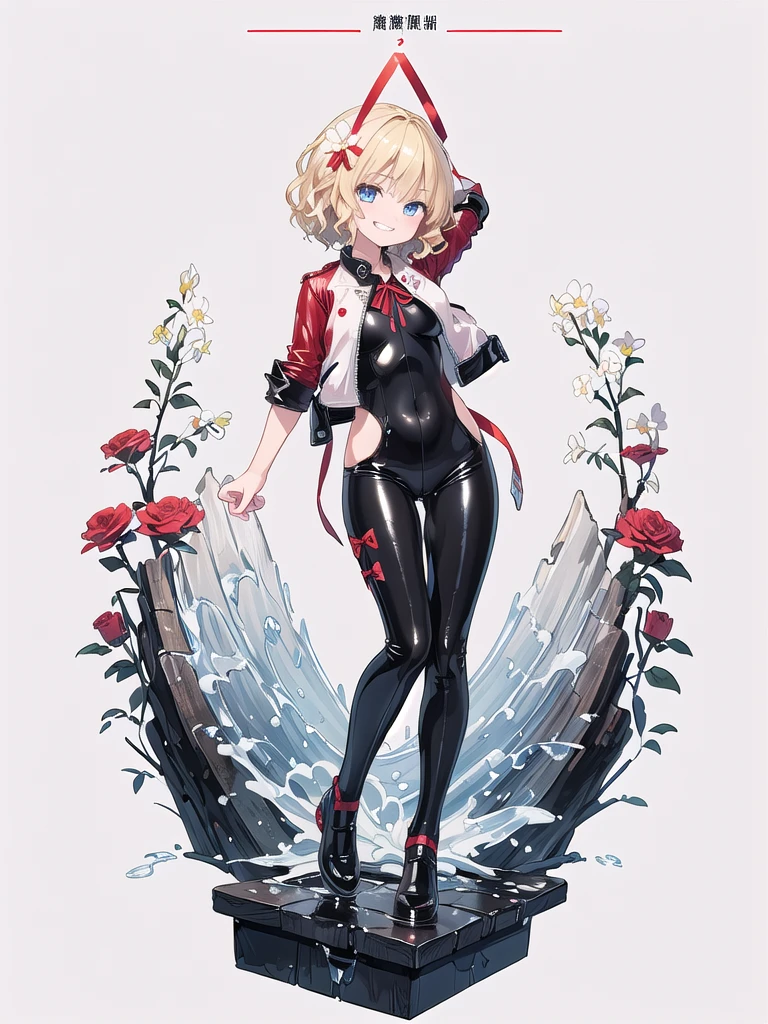 (((high quality))),(((masterpiece))),(((highly detailed))),((illustration style)),(((one girl))),(((medicine melancholy))), (touhou),(((blue eyes))), (((wavy hair, short hair, blonde hair,red ribbon))),(((black leather jacket))),(((Flower pattern red full bodysuit))),((latex)), (shiny clothes:1.2),(((grin))),(((full body))),(((arm behind head))),(((model posing))),((((simple white background))),(((Diagonal angle)))