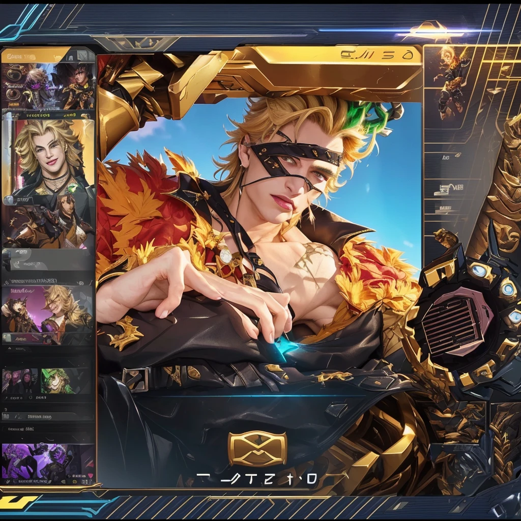 a close up of a person in a costume with a cell phone, dio brando, thertrevkaiser, wild rift, o, furio tedesschi, sfw version, full protrait, portrait of junkrat, by Android Jones, kda, super buff and cool, a portrait of junkrat