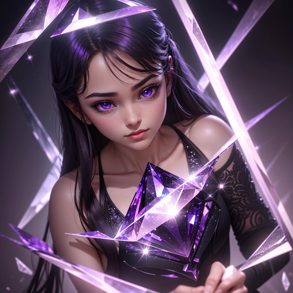 A striking diamond-shaped crystal made entirely of purple mineral. The crystal has intricate facets that catch and refract light, creating a dazzling display of varying shades of purple. The edges of the diamond are sharp and well-defined, with a smooth, glossy surface that highlights the mineral’s natural beauty. The background is subtly blurred to emphasize the crystal’s vibrant colors and its mesmerizing shine, giving the scene an elegant and mystical atmosphere.
