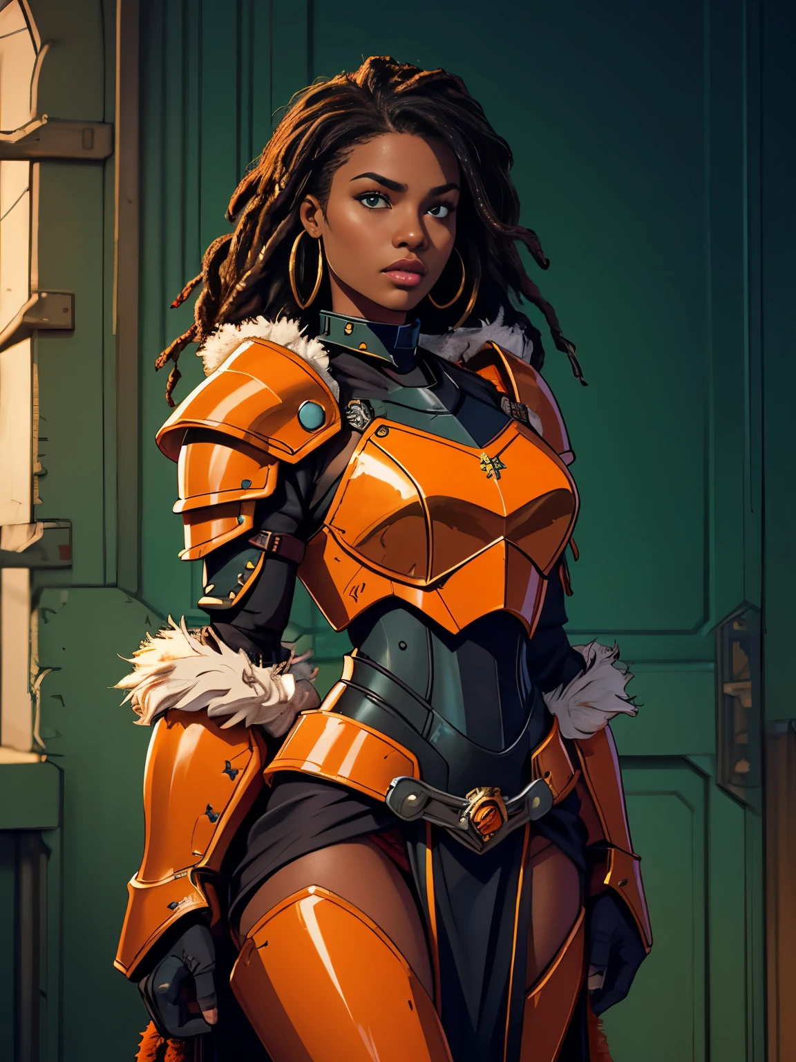 black woman with dark skin, dread locks, black hair, pretty face, hoop earrings. (orange high tech power armor:1.2), (heavy armor), (fur trim), visible wires, seam lines, orange shoulder pads, large shoulder pads, round shoulder pads, rivets, chipped paint. loin cloth, fur trim, fur cuffs. skin covered in green.