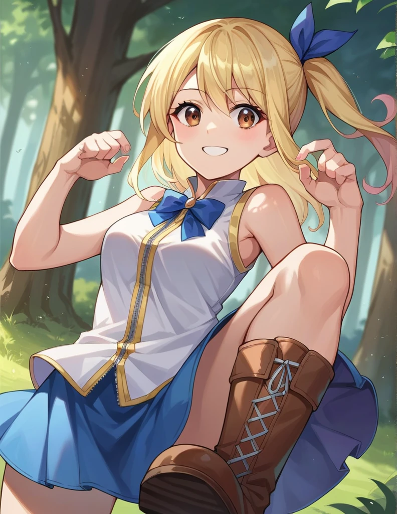 score_9, score_8_up, score_7_up, source_anime,
lucyheartfilia, lucy heartfilia, blonde hair, brown eyes, one side up, ribbon, hair ribbon, blue ribbon, long hair, smile,
skirt, shirt, bare shoulders, boots, sleeveless, blue skirt, sleeveless shirt, white shirt, zipper,
outdoors, forest, nature,
looking at viewer, cowboy shot, dutch angle, dynamic pose,