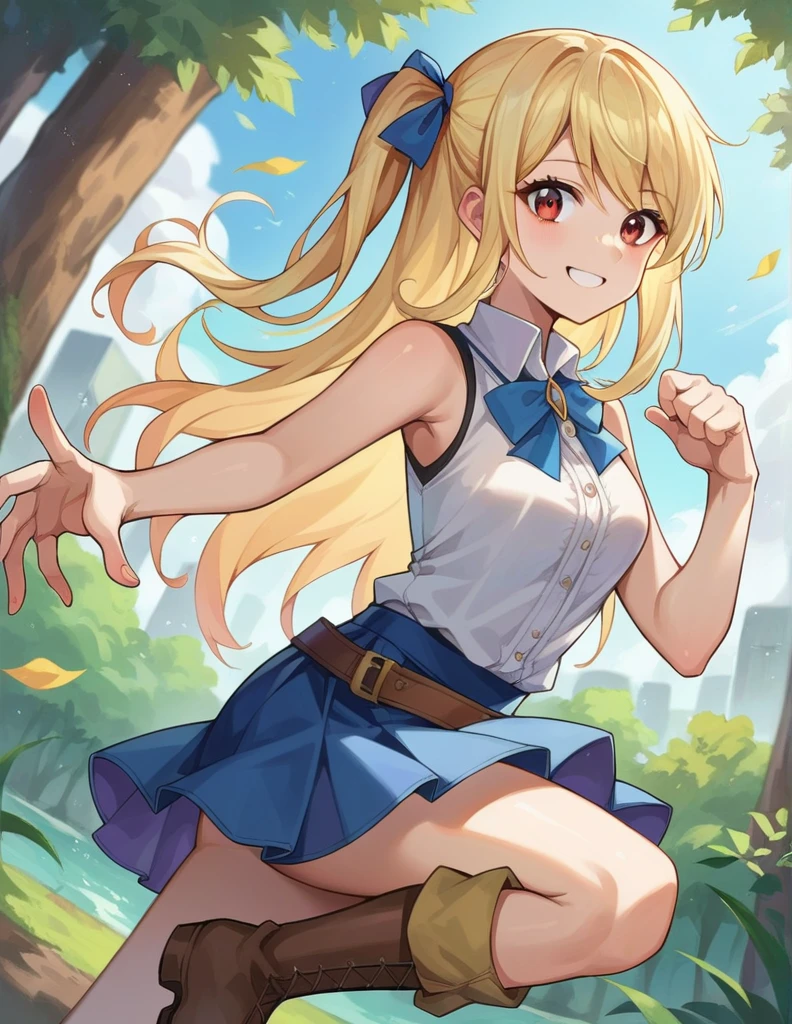 score_9, score_8_up, score_7_up, source_anime,
lucyheartfilia, lucy heartfilia, blonde hair, brown eyes, one side up, ribbon, hair ribbon, blue ribbon, long hair, smile,
skirt, shirt, bare shoulders, boots, sleeveless, blue skirt, sleeveless shirt, white shirt, zipper,
outdoors, forest, nature,
looking at viewer, cowboy shot, dutch angle, dynamic pose,
