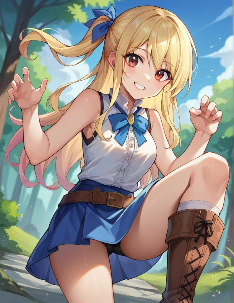 score_9, score_8_up, score_7_up, source_anime,
lucyheartfilia, lucy heartfilia, blonde hair, brown eyes, one side up, ribbon, hair ribbon, blue ribbon, long hair, smile,
skirt, shirt, bare shoulders, boots, sleeveless, blue skirt, sleeveless shirt, white shirt, zipper,
outdoors, forest, nature,
looking at viewer, cowboy shot, dutch angle, dynamic pose,