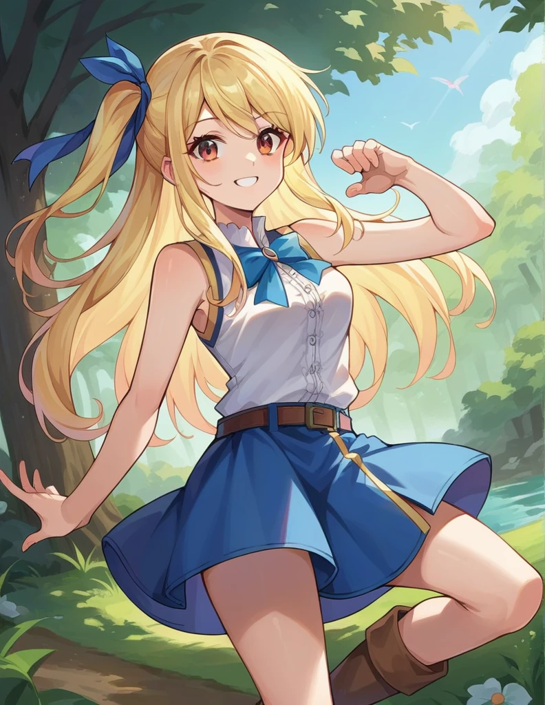 score_9, score_8_up, score_7_up, source_anime,
lucyheartfilia, lucy heartfilia, blonde hair, brown eyes, one side up, ribbon, hair ribbon, blue ribbon, long hair, smile,
skirt, shirt, bare shoulders, boots, sleeveless, blue skirt, sleeveless shirt, white shirt, zipper,
outdoors, forest, nature,
looking at viewer, cowboy shot, dutch angle, dynamic pose,