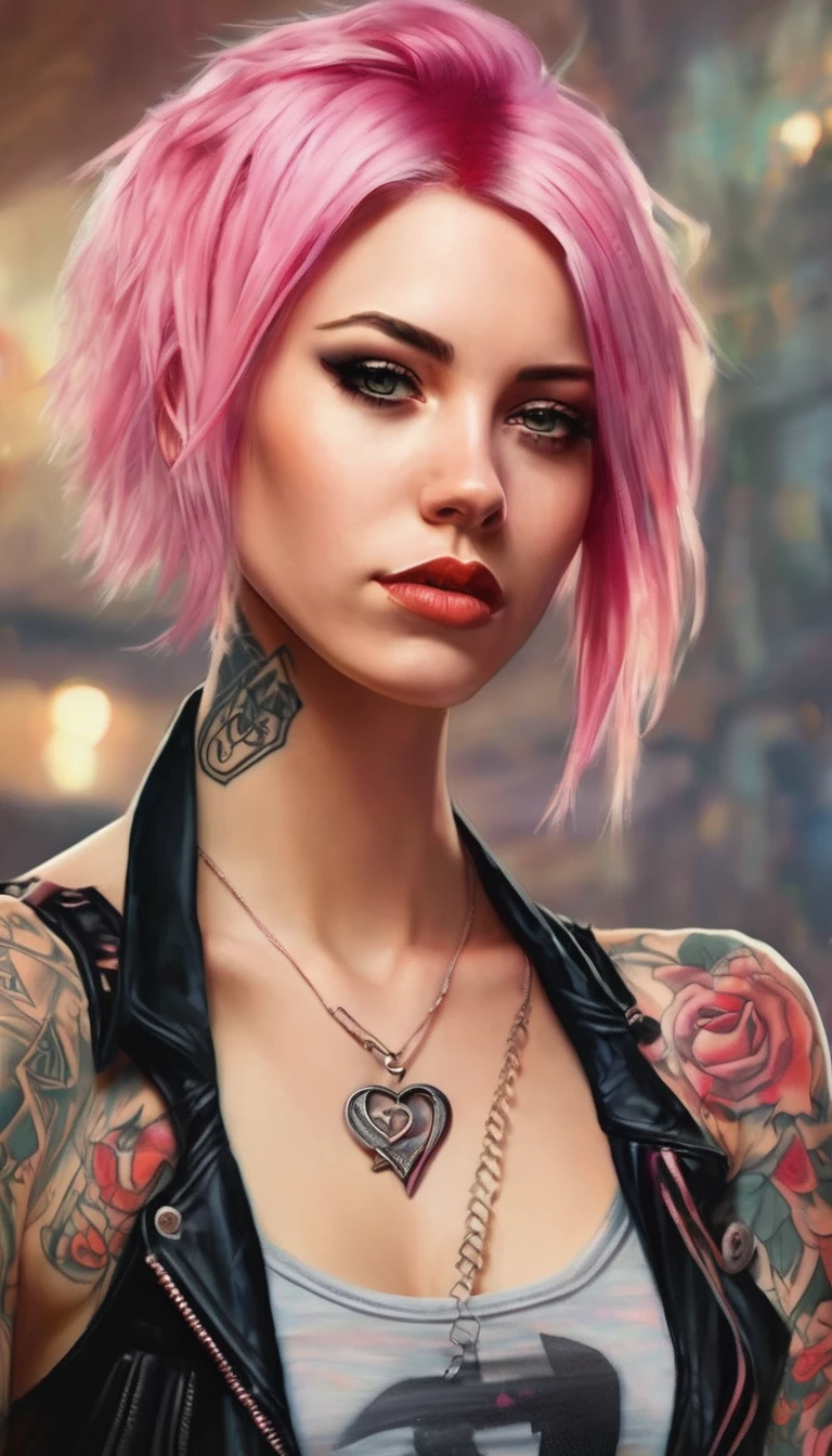 Young adult woman 22 years realistic, sexy with medium tits, modern punk style similar to harley queen, with long blonde and a little pink hair, with a broken heart tattoo on the neckline for the profile image