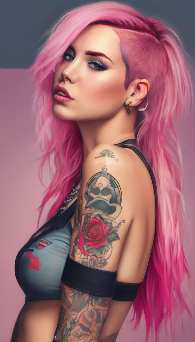 Young adult woman 22 years realistic, sexy with medium tits, modern punk style similar to harley queen, with long blonde and a little pink hair, with a broken heart tattoo on the neckline for the profile image