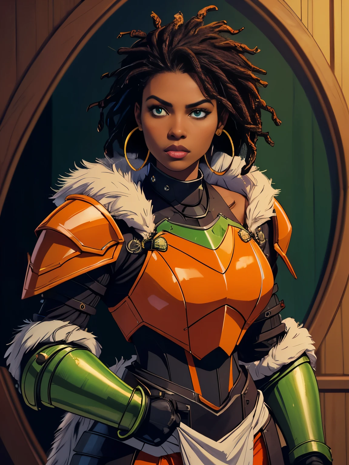 Close up of African woman with (short black dreadlocks), black hair pulled back, wearing a (heavy orange mechanical armor, power armor covering her chest and arms, orange breast plate), with large (round orange shoulder pads), chipped paint, (visible wires and gears connect the shoulder pads to the armored gloves), wires and cables run down her arms. a dark green undersuit visible between the armor pieces. Fur trim. Loincloth, (Barbarian fur). Castle ruins background, large broken stones litter the area. Show her standing with her hands on her hips. super high quality, super high detail, masterpiece, 4k, 8k, HDR, masters of the universe, vibrant colors, multicolor sky, colorful clouds