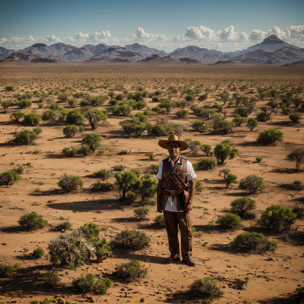 Create a cinematic image of Adolf Hitler dressed as a cangaceiro from northeastern Brazil. He is wearing the traditional wide-brimmed leather hat with ornaments, as well as a leather vest with intricate details and typical trousers. The setting is a barren and arid landscape with sparse vegetation and cacti in the background, evoking the northeastern Brazilian backlands. The lighting is dramatic, with strong shadows and intense contrasts, creating a tense and charged atmosphere