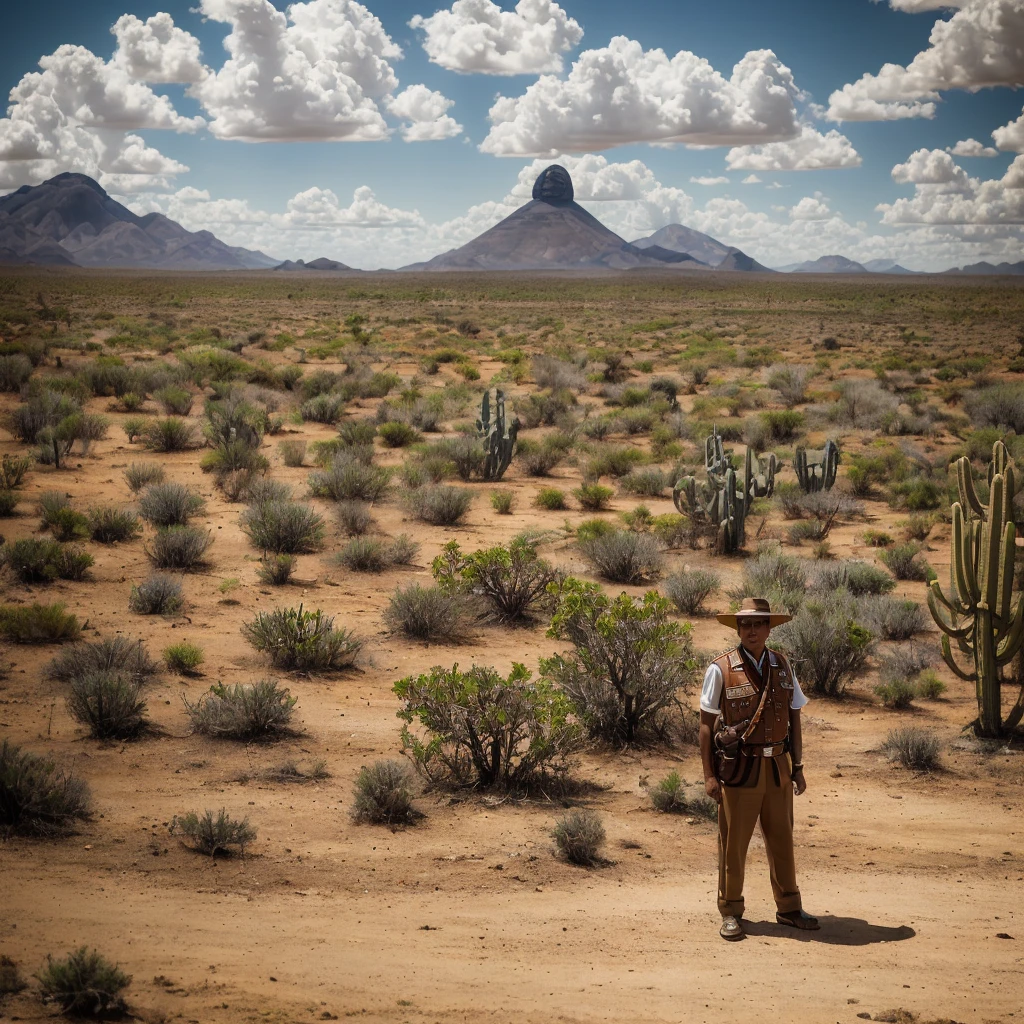 Create a cinematic image of Adolf Hitler dressed as a cangaceiro from northeastern Brazil. He is wearing the traditional wide-brimmed leather hat with ornaments, as well as a leather vest with intricate details and typical trousers. The setting is a barren and arid landscape with sparse vegetation and cacti in the background, evoking the northeastern Brazilian backlands. The lighting is dramatic, with strong shadows and intense contrasts, creating a tense and charged atmosphere