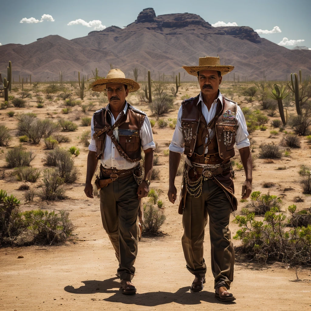 Create a cinematic image of Adolf Hitler dressed as a cangaceiro from northeastern Brazil. He is wearing the traditional wide-brimmed leather hat with ornaments, as well as a leather vest with intricate details and typical trousers. The setting is a barren and arid landscape with sparse vegetation and cacti in the background, evoking the northeastern Brazilian backlands. The lighting is dramatic, with strong shadows and intense contrasts, creating a tense and charged atmosphere