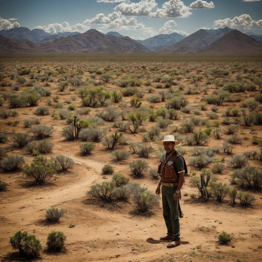 Create a cinematic image of Adolf Hitler dressed as a cangaceiro from northeastern Brazil. He is wearing the traditional wide-brimmed leather hat with ornaments, as well as a leather vest with intricate details and typical trousers. The setting is a barren and arid landscape with sparse vegetation and cacti in the background, evoking the northeastern Brazilian backlands. The lighting is dramatic, with strong shadows and intense contrasts, creating a tense and charged atmosphere