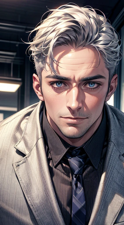 (best quality,4k,8k,highres,masterpiece:1.2),ultra-detailed,(realistic,photorealistic,photo-realistic:1.37),1 man,31 years old,mature man,very handsome,without expression,smile,short grey silver hair,blue eyes,penetrating gaze,perfect face without errors,imposing posture,businessman,office background,cinematic lighting,hdr image