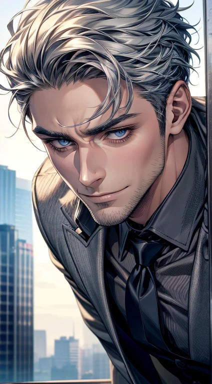 (best quality,4k,8k,highres,masterpiece:1.2),ultra-detailed,(realistic,photorealistic,photo-realistic:1.37),1 man,31 years old,mature man,very handsome,without expression,smile,short grey silver hair,blue eyes,penetrating gaze,perfect face without errors,imposing posture,businessman,office background,cinematic lighting,hdr image