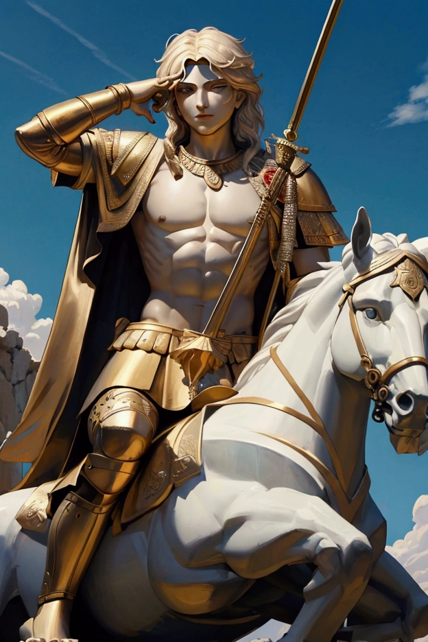 Alexander the Great, in the form of a provocateur, with philosophical and warrior intent on his face, with the posture of a philosopher warrior. image formatted for youtube logo