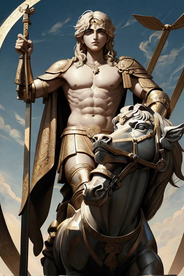 Alexander the Great, in the form of a provocateur, with philosophical and warrior intent on his face, with the posture of a philosopher warrior. image formatted for youtube logo