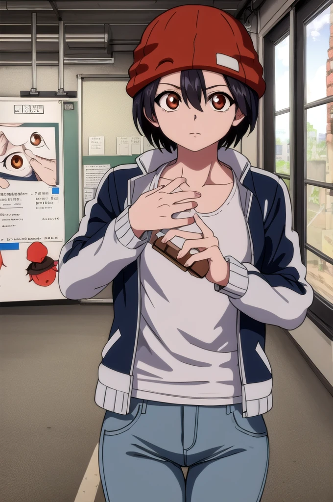 fuukoizumo, fuuko izumo, black hair, hair between eyes, (brown eyes:1.5), short hair, BREAK shirt, white shirt, jacket, open jacket, pants, denim, beanie, (red beanie:1.2), BREAK looking at viewer, BREAK indoors, classroom, (cowboy shot:1.5), BREAK(masterpiece:1.2), best quality, high resolution, unity 8k wallpaper, (illustration:0.8), (beautiful detailed eyes:1.6), extremely detailed face, perfect lighting, extremely detailed CG, (perfect hands, perfect anatomy),