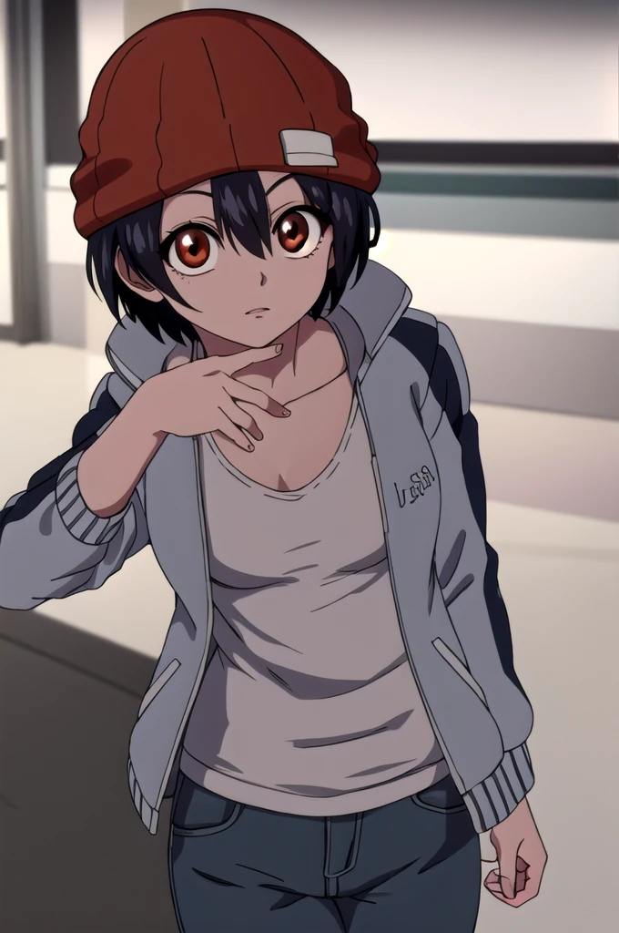 fuukoizumo, fuuko izumo, black hair, hair between eyes, (brown eyes:1.5), short hair, BREAK shirt, white shirt, jacket, open jacket, pants, denim, beanie, (red beanie:1.2), BREAK looking at viewer, BREAK indoors, classroom, (cowboy shot:1.5), BREAK(masterpiece:1.2), best quality, high resolution, unity 8k wallpaper, (illustration:0.8), (beautiful detailed eyes:1.6), extremely detailed face, perfect lighting, extremely detailed CG, (perfect hands, perfect anatomy),