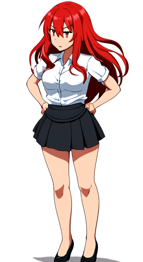 femboy, flate chest, embarrased, buldge straining against skirt, red long hair
