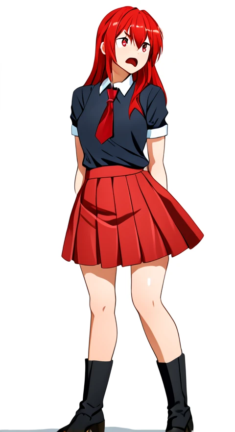 femboy, flate chest, embarrased, buldge straining against skirt, red long hair