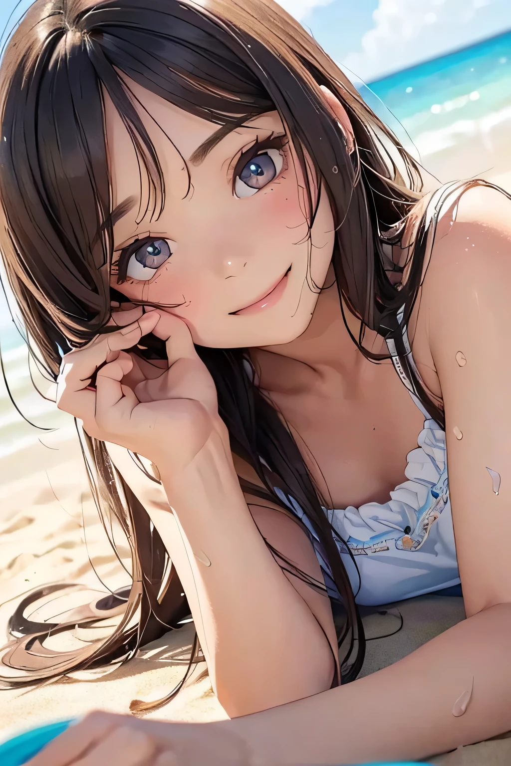 Highest quality、High resolution、Detailed Background、(Beautiful face in every detail:1.4)、Anatomically correct、(Normal number of fingers:1.2)、(Detailed eyes:1.2)、age beauty、Highly detailed face、Perfect body line、Light color hair、well-groomed eyebrows、Sleeveless white sailor suit、My whole body is wet、cute gesture、Sandy beach in clear weather、barefoot、(Beautiful girl lying on the beach with a happy expression:1.5)、cute