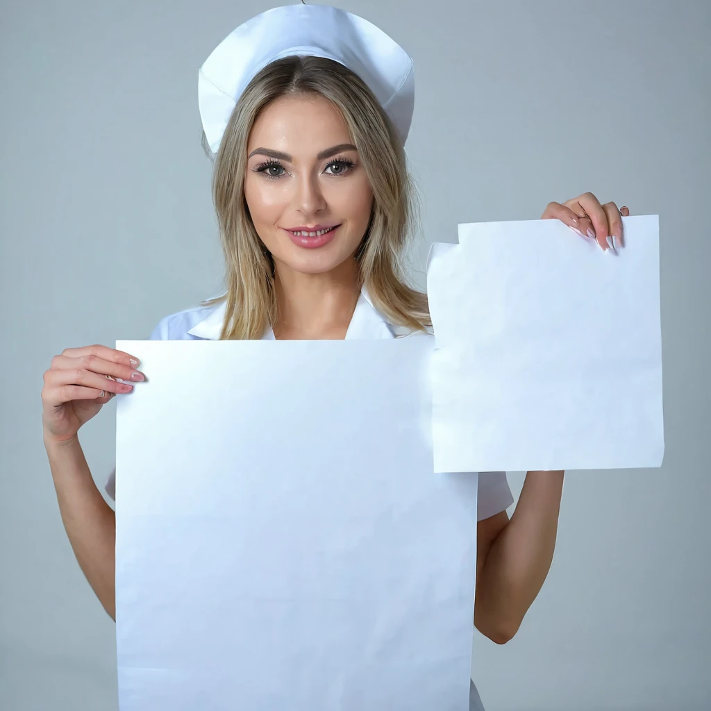 Sexy nurse holds a white sheet of paper in her hands and shows it to the camera