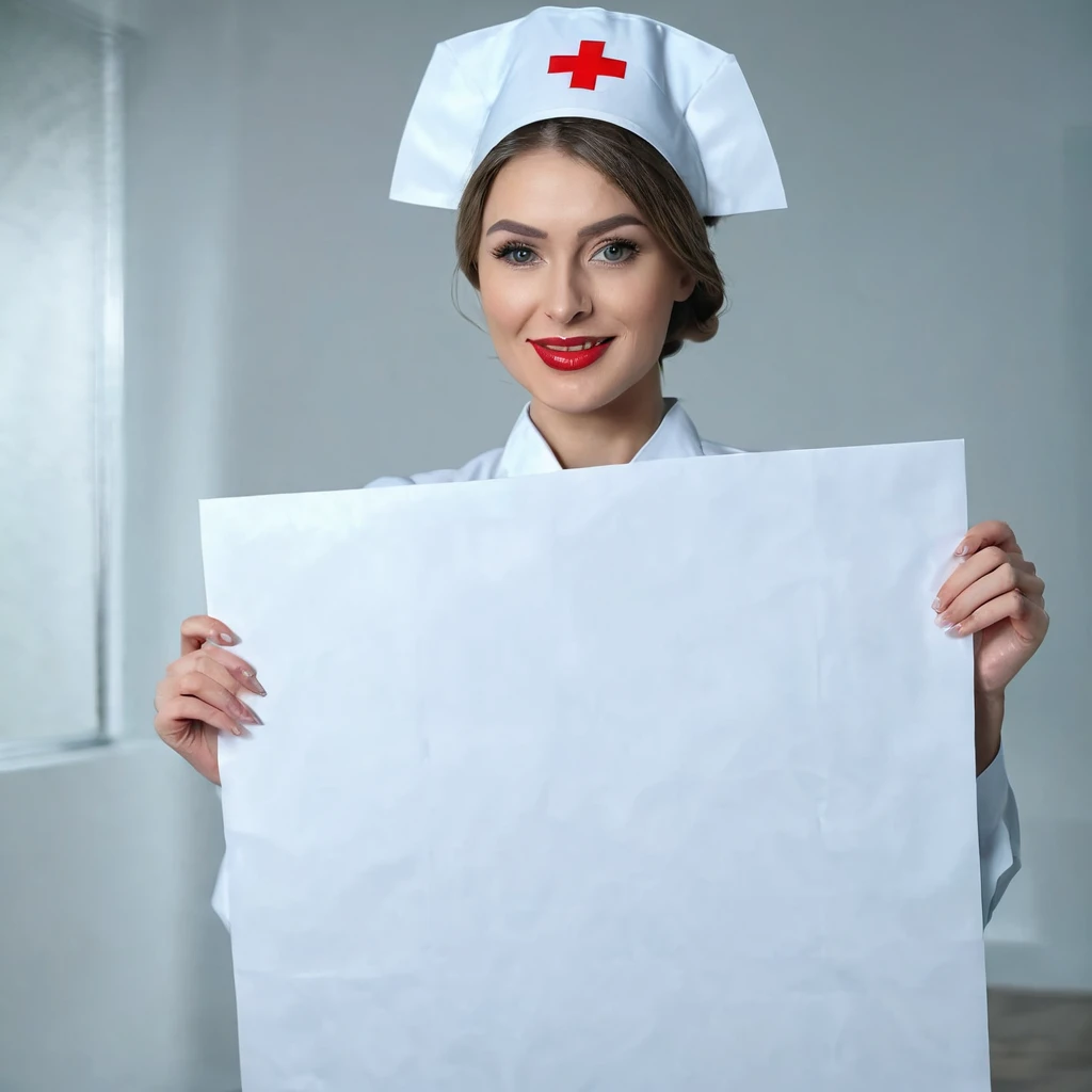 Sexy nurse holds a white sheet of paper in her hands and shows it to the camera

