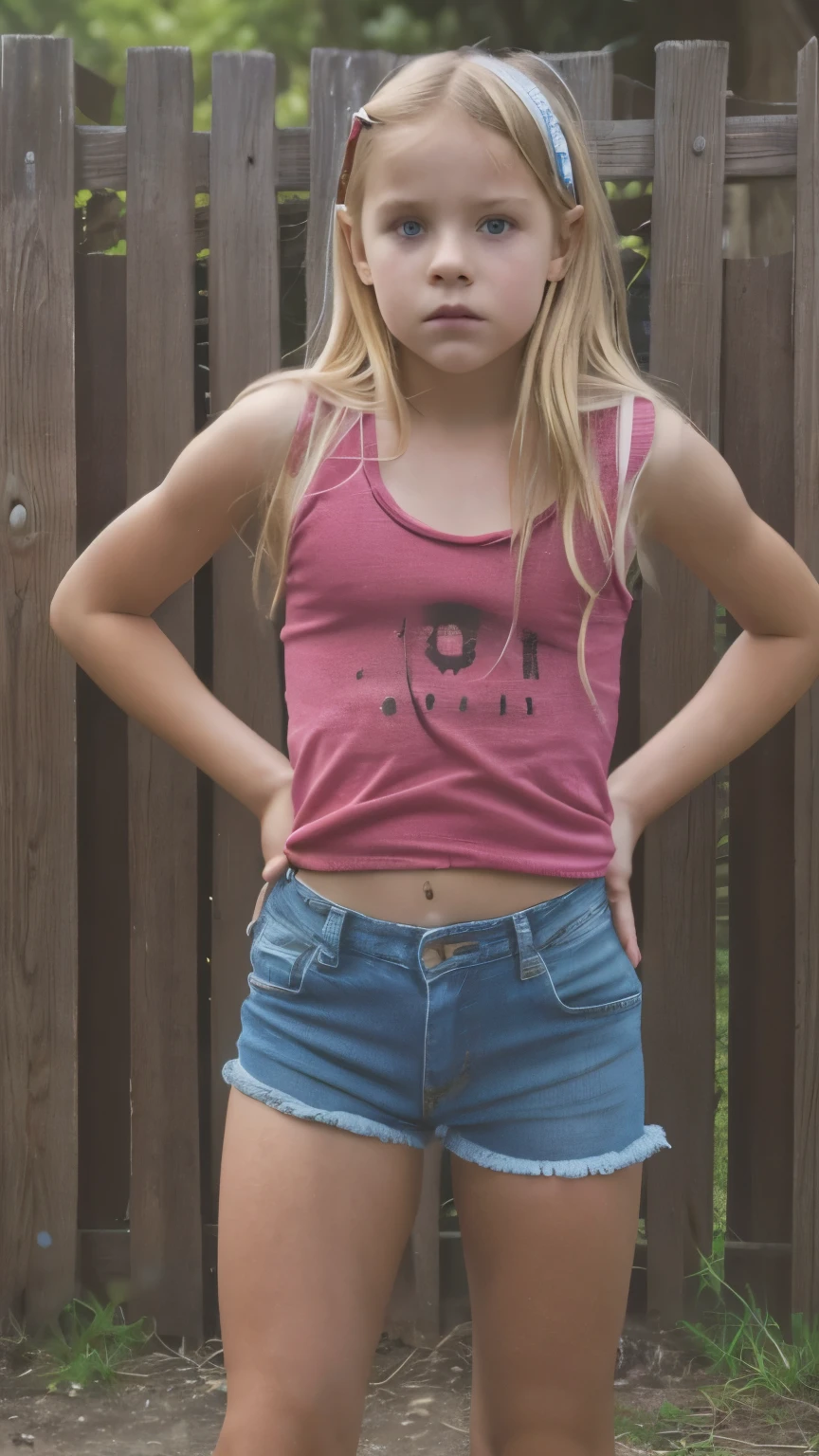 Small young girl, blonde, perfect face, pink tank top, short denim shorts, red sneakers, looking scared through a hole in the wooden fence, (super-realistic image), (horror movie atmosphere), (poster), (dark color palette)