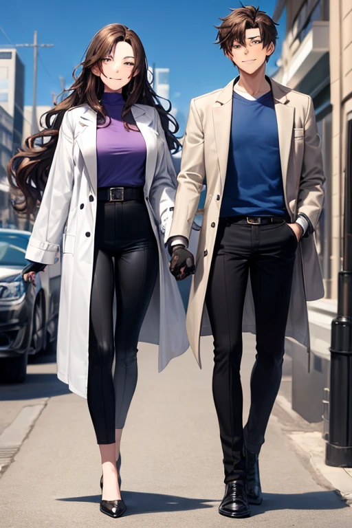 ((best quality)), ((masterpiece)), (detailed), a couple, a boy and a girl, 1 boy, full body, 19 years old, brown hair with white tips, long hair, bangs, green eyes, mischievous smile, tall and thin, thin, long beige trench coat, open trench coat, black fingerless gloves, white wristbands, white t-shirt with blue I-shaped emblem, letter I, black pants, 1 girl, full body, 20 years old, young adult, somewhat short, purple eyes, brown hair, somewhat wavy hair, long hair, lock of hair on forehead, smiling with eyes closed, blushing, scientist's lab coat, blue shirt, black pants, facing each other, date, sitting in a cafe outside, city background, anime