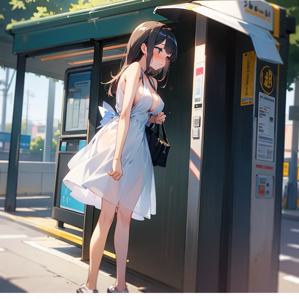 A girl waiting for the bus stop in a transparent dress, half naked with big tits and blushing 