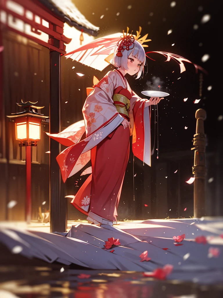 (Sumilux f1.4 50mm , low Latitude old color negative film , cross process , bokeh, flare, chromatic aberration , soft focus, (Shallow focus) , soft glow , Maximum aperture, High Key , Transparent depiction) , kawaii hentai anime , Japanese Heian period , Shrine maiden girl, kitsune mask , (round Maro eyebrows) , kimono , (Peony flowers blooming:0.8) , Snow is falling , steamy breath , Kagura Dance , passion , Drinking amazake , Drunkard , seduce , Hyakki yagyo emaki , Demons and monsters run rampant