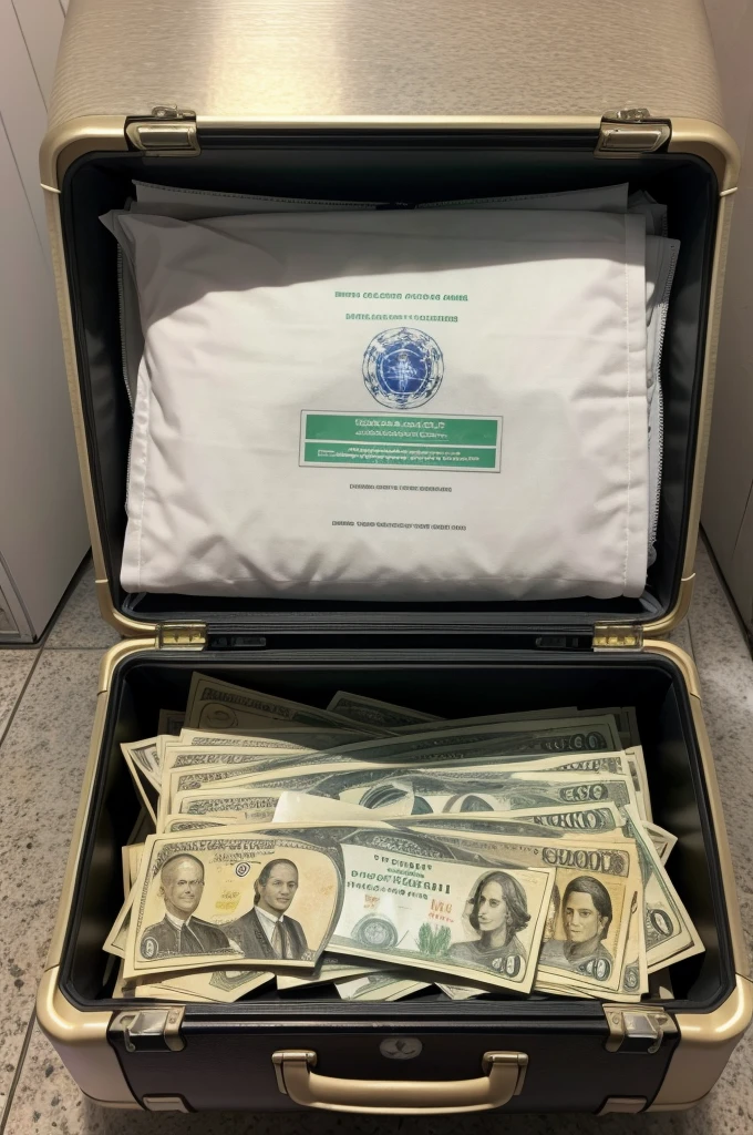 A suitcase full of burning Brazilian currency reais