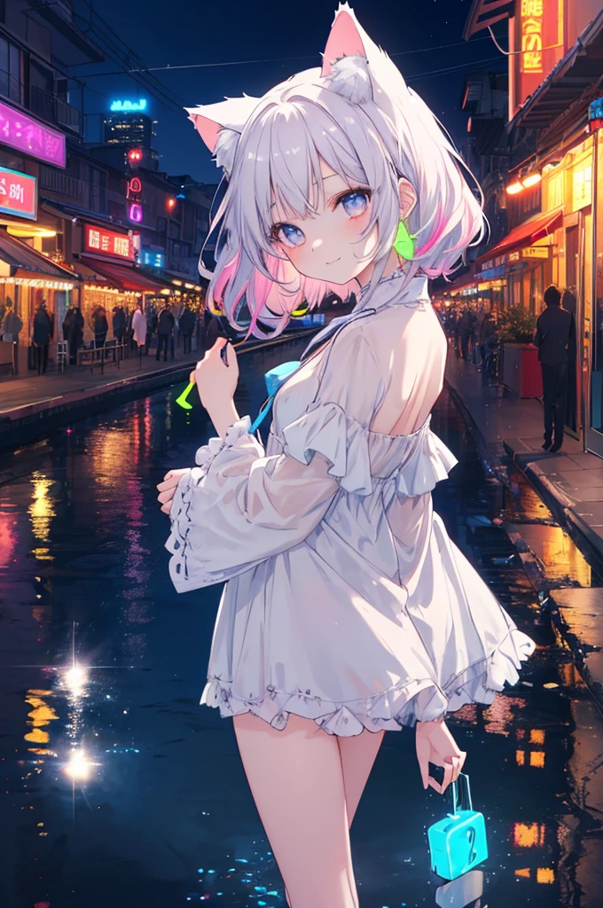 Absurd, High resolution, (Anime Style:1.1), ((Tabletop)), ((Highest quality)), (Very detailed), (beautiful), alone, beautiful face、(lift),************、beautiful Fine Star々、Cute girl in cute clothes standing on high hill、私はとてもbeautifulです, Delicate and detailed urban night view、One Girl、beautiful colorful hair, Colorful eyes,View your audience,Lens flare,dramatic, From the back、Whole Body Ezbian、Low - Angle、(Neon Light、Accessories for girls who shine with reflection:1.3)、Laughter, Cat ear, A small smile